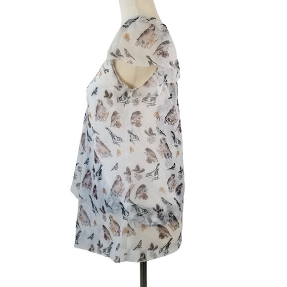 Live & Let Live White Tan Flutter Cap Sleeve Multi Bird   Top Sheer Over Tee M P - Picture 2 of 4